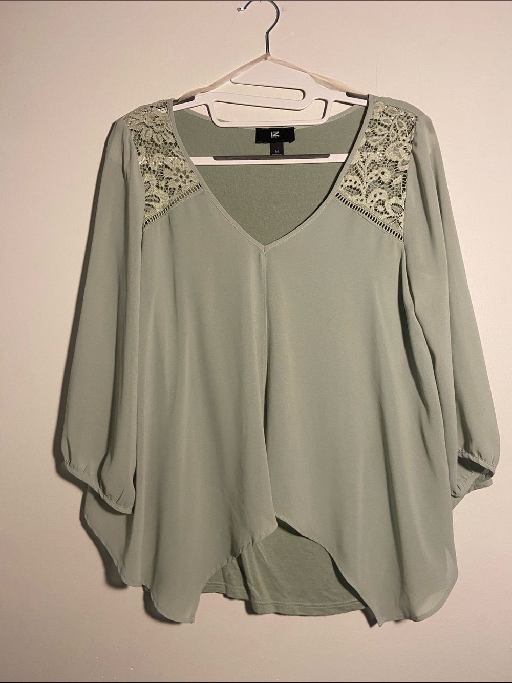 Iz Byer Sage Green Lace-Trim V-Neck Blouse